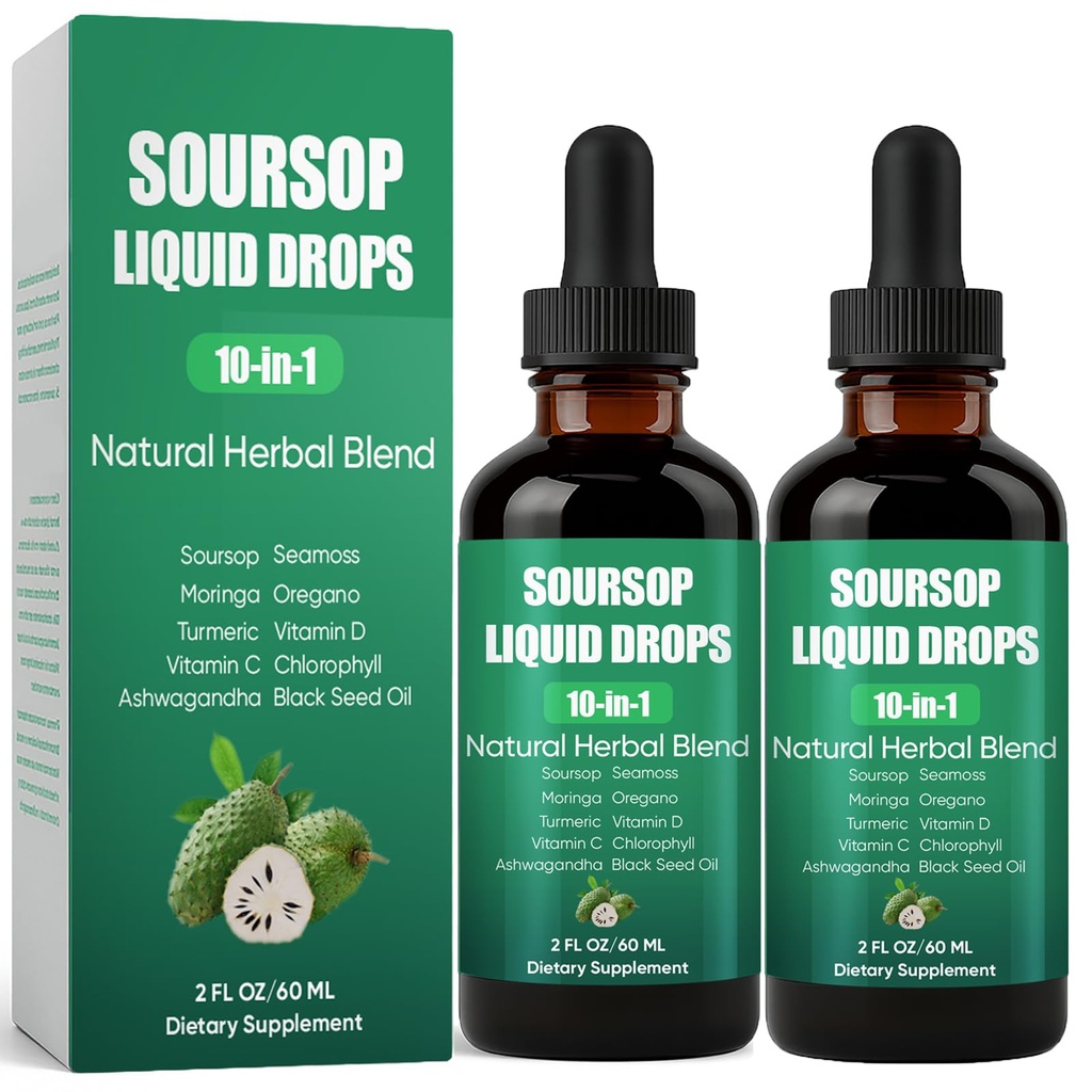 Soursop 10-in-1 Liquid Drops, Soursop Bitters Extract Liquid Drops with Sea Moss, Turmeric, Moringa, Oregano, Black Seed Oil, Ashwagandha, Chlorophyll, Sugar/Gluten Free, Natural Flavor (2)