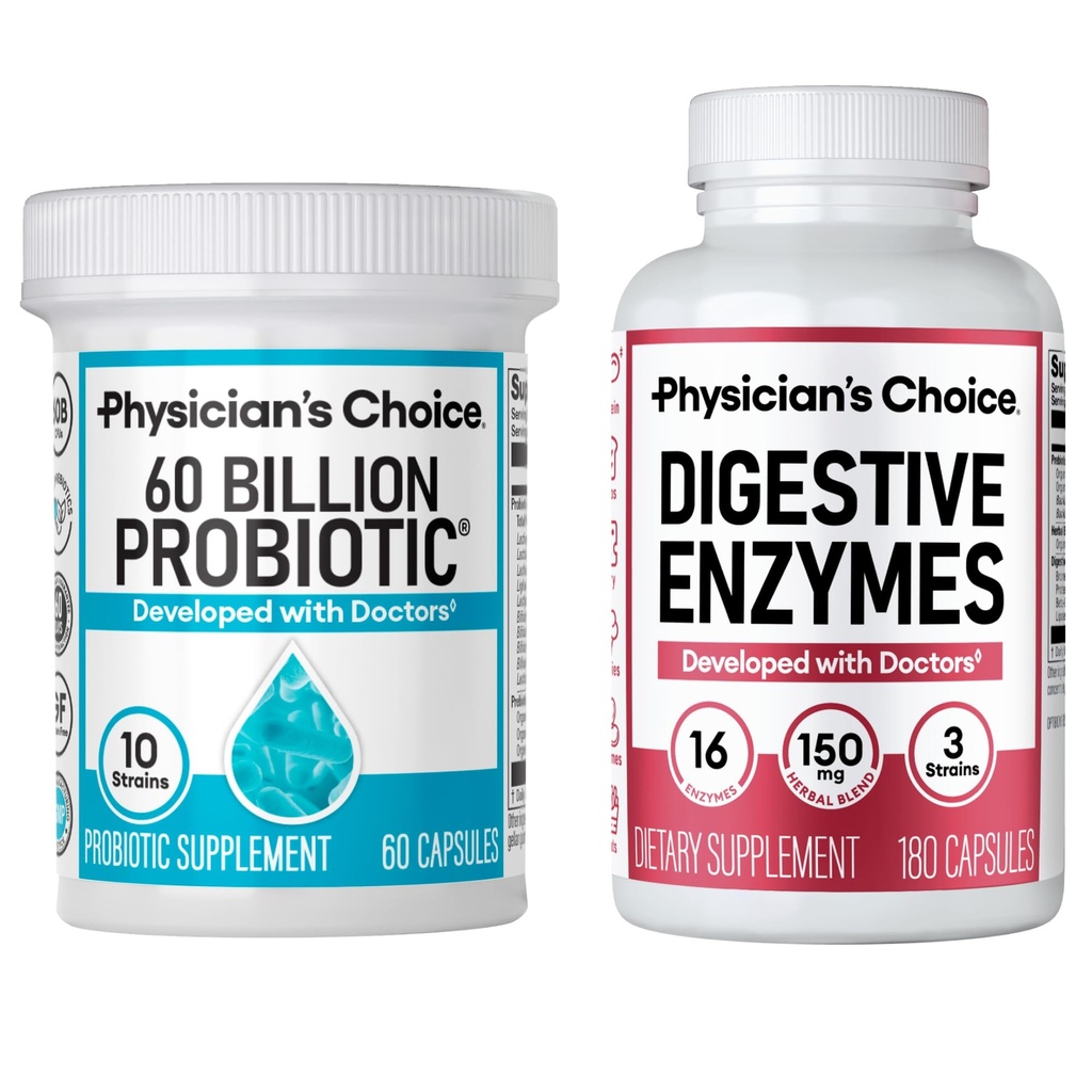 Physician's CHOICE Advanced Gut Health Bundle: 60 Billion Probiotics 60ct + Digestive Enzymes 180ct for Digestive, Gut, and Immune Health Supports Occasional Constipation, Diarrhea, Gas, and Bloating