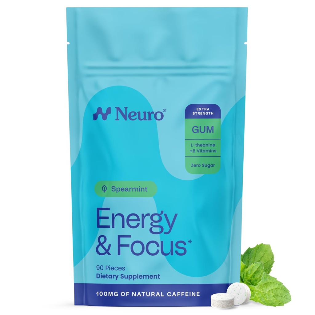 Neuro Energy & Focus Gum, Extra Strength - 100mg Natural Caffeine Gum & Nootropic Energy Supplement with L-Theanine & B Vitamins - Sugar Free, Vegan - Spearmint, 90ct