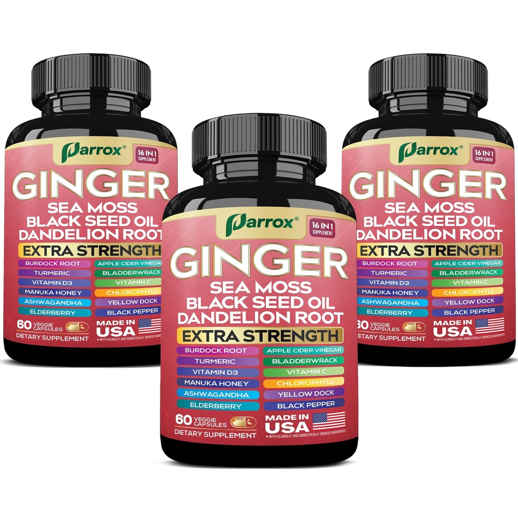 Ginger Black Seed Oil Ashwagandha Turmeric Bladderwrack Burdock Sea Moss Vitamin C Vitamin D3 Elderberry Manuka Honey Dandelion Yellow Dock Chlorophyll ACV Apple Cider Vinegar (3 Pack)