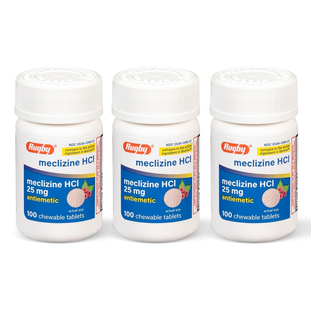 Rugby Meclizine Chewable Tablets 25mg - Anti-Nausea Medicine Helps with Motion Sickness - 100 Count (3 Pack)