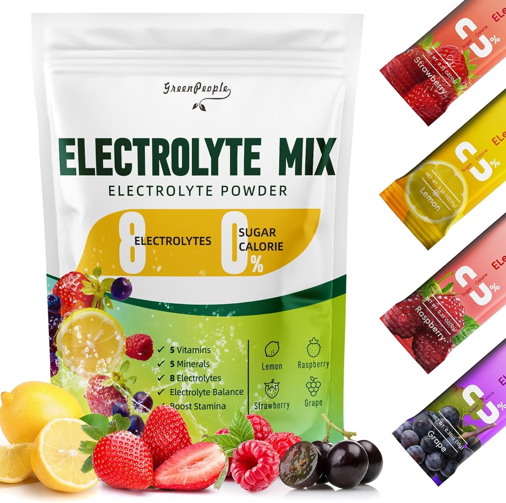 GREENPEOPLE Electrolytes Powder No Sugar - Sugar Free Hydration Electrolyte Packets - Fruit Flavors Electrolyte Drink Mix - 8 Electrolytes 5 Vitamins & Minerals Vegan Non-GMO 16 Sticks