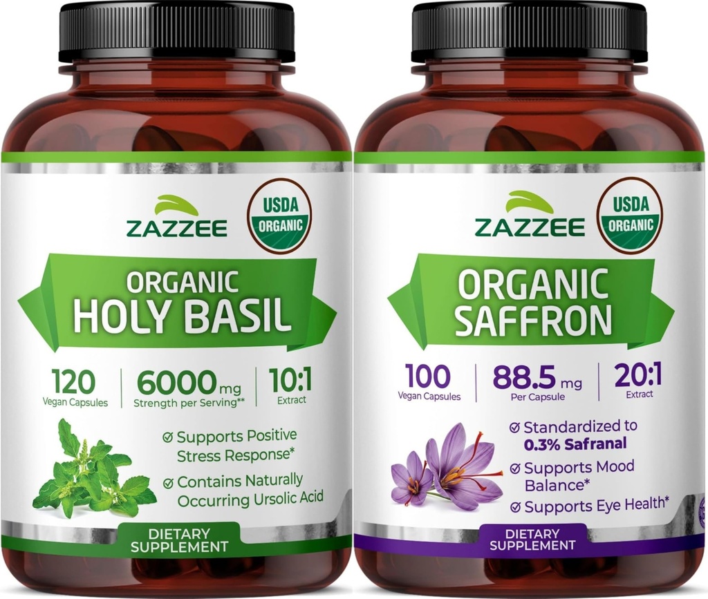 Zazzee Organic Adaptogen Support Bundle | USDA Organic Saffron 20:1 Extract Plus 10:1 Tulsi Holy Basil Extract Capsules | Non-GMO Vegan & ISO Lab Tested