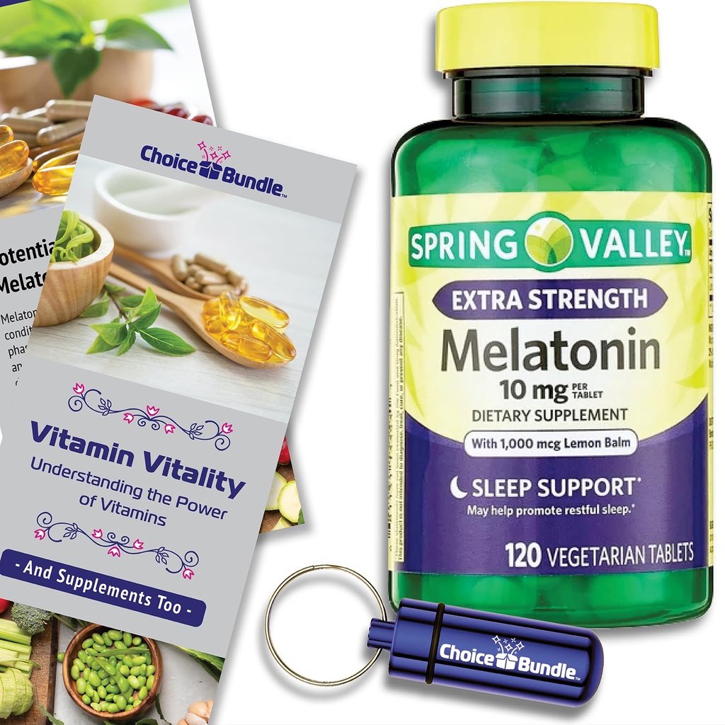 Spring Valley Extra Strength Melatonin Tablets with Lemon Balm Dietary Supplement for Sleep & Immune System Support 10 mg 120 Ct Plus Vitamin Vitality & Pill Container (3 Items)!