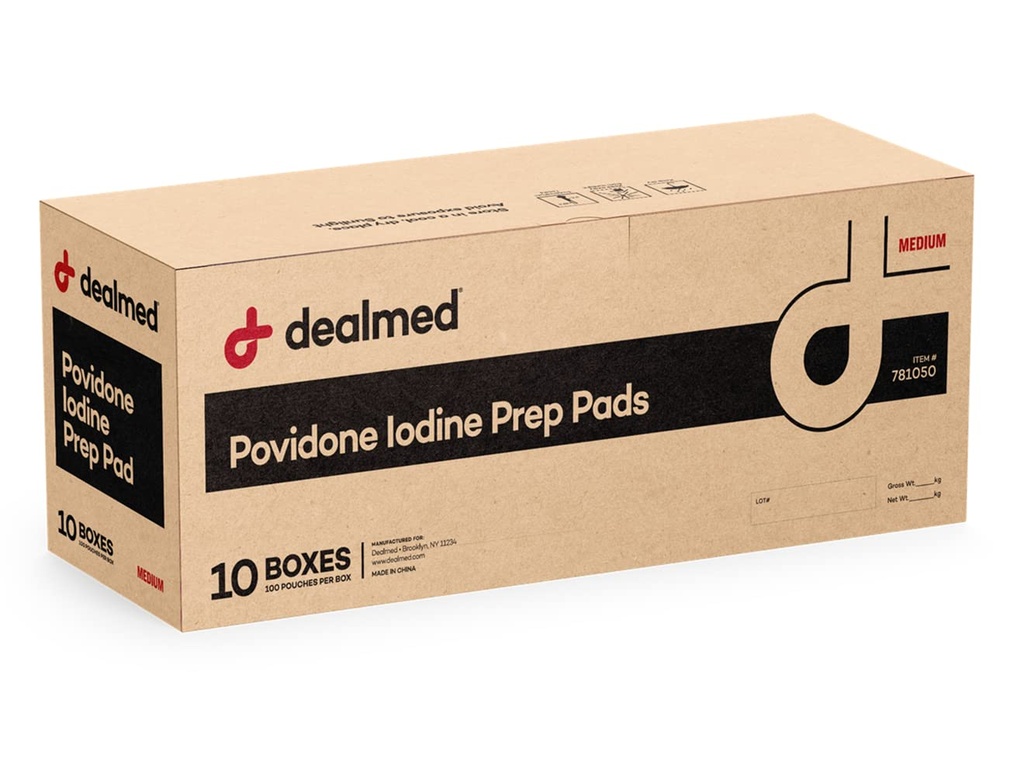 Dealmed Povidone Iodine Prep Pad 10% - Individually Sealed Packets Perfect for Wound Care and Portable First Aid Kits, 100/Box (Case of 10)