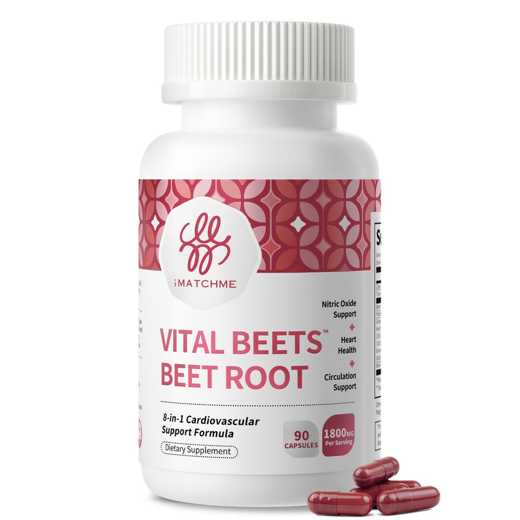 iMATCHME Vital Beets Root Capsules 1800mg, High Strength Beetroot Supplement, 8-in-1 Cardiovascular Support Formula, Nitric Oxide & Circulation Support, Heart Health, Vegan