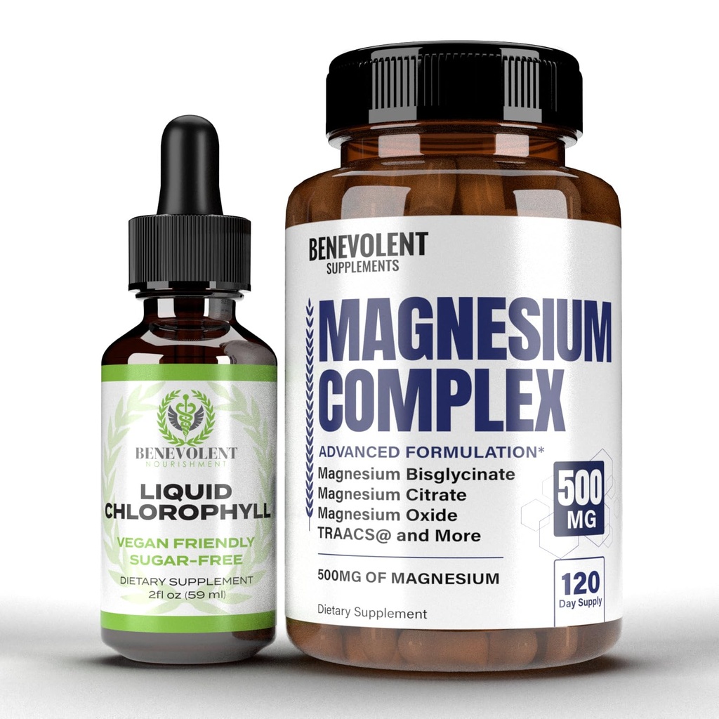 Benevolent Chlorophyll Liquid Drops & Magnesium Complex 4 Month Supply - Highly Concentrated Formula with 4X Potency for Skin Wellness and Freshness - 5 Premium Forms of Magnesium