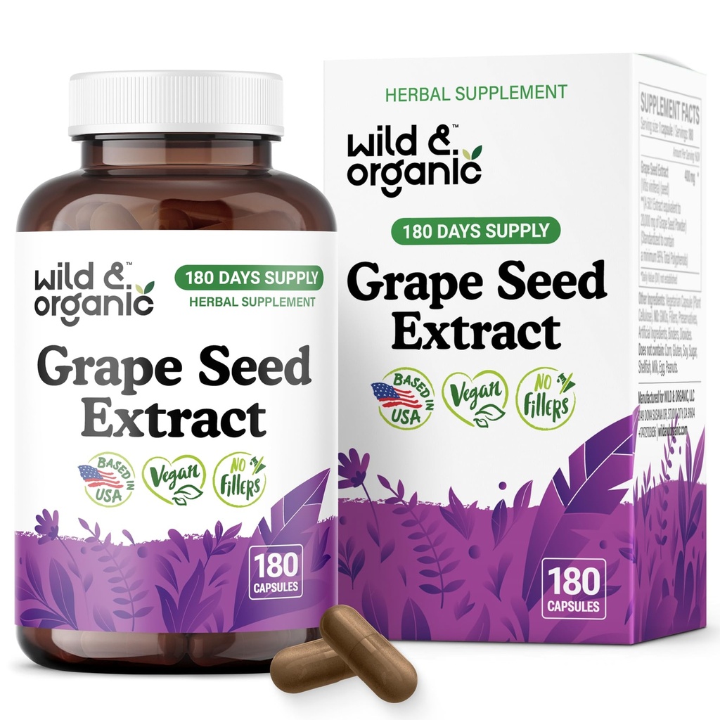 Wild & Organic Grape Seed Extract Capsules - Antioxidant Support - Grapeseed Extract 400 mg - 95% Polyphenols - 180 Vegan Capsules - 6 Month Supply - Non-GMO