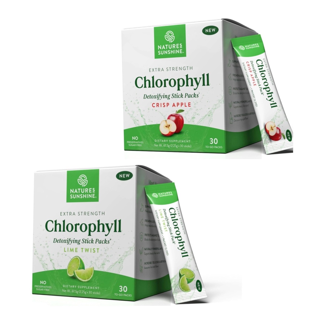 Nature's Sunshine Chlorophyll Stick Pack Duo (60 to-Go Sticks) – Detox & Gut Health Support in Convenient Stick Packs (Lime Twist & Crisp Apple Flavors)