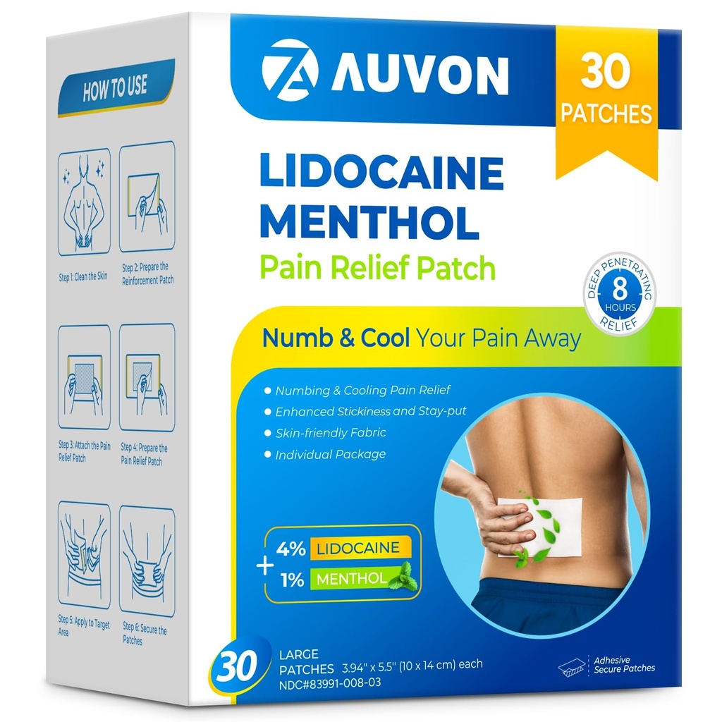 AUVON Max Strength Lidocaine Pain Relief Patches (30 Count), 4% Lidocaine & 1% Menthol Penetrates for Fast, Targeted Relief of Back, Shoulder, Neck & Joint Pain, Adhesive Secure Patches Included