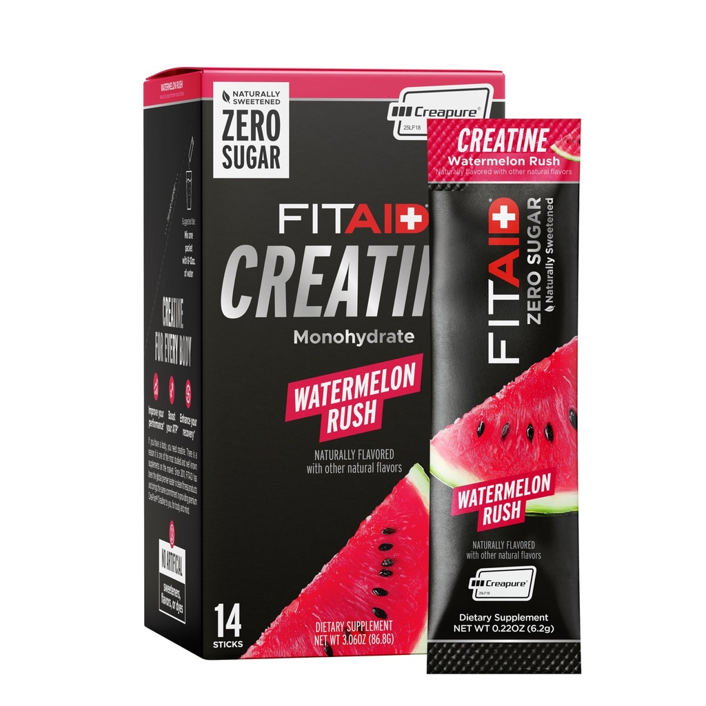 FITAID Creatine Monohydrate Powder, Watermelon Rush Flavor, 14 Single-Serve Packs, Pure Creatine for Women & Men, Pre Workout Supplement for ATP, Easy-Mix, Zero Sugar, Creatina Monohidratada