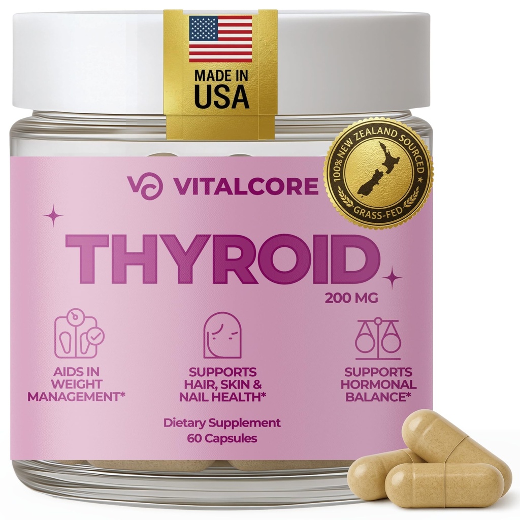 Desiccated Thyroid Supplement 200mg | Made in USA | Grass-Fed, New Zealand Sourced Bovine Thyroid Support for Women, Energy & Metabolism Boost, Mood Balance & Sleep Relief – 60 Capsules