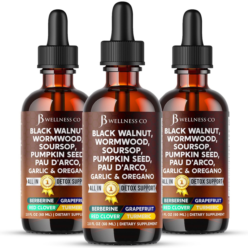 Wormwood Black Walnut Cleanse for Humans Drops Liquid Soursop Garlic Pumpkin Seed PAU D'Arco Oil of Oregano Turmeric Berberine Neem Extract Hull Bark Tincture - 6 oz