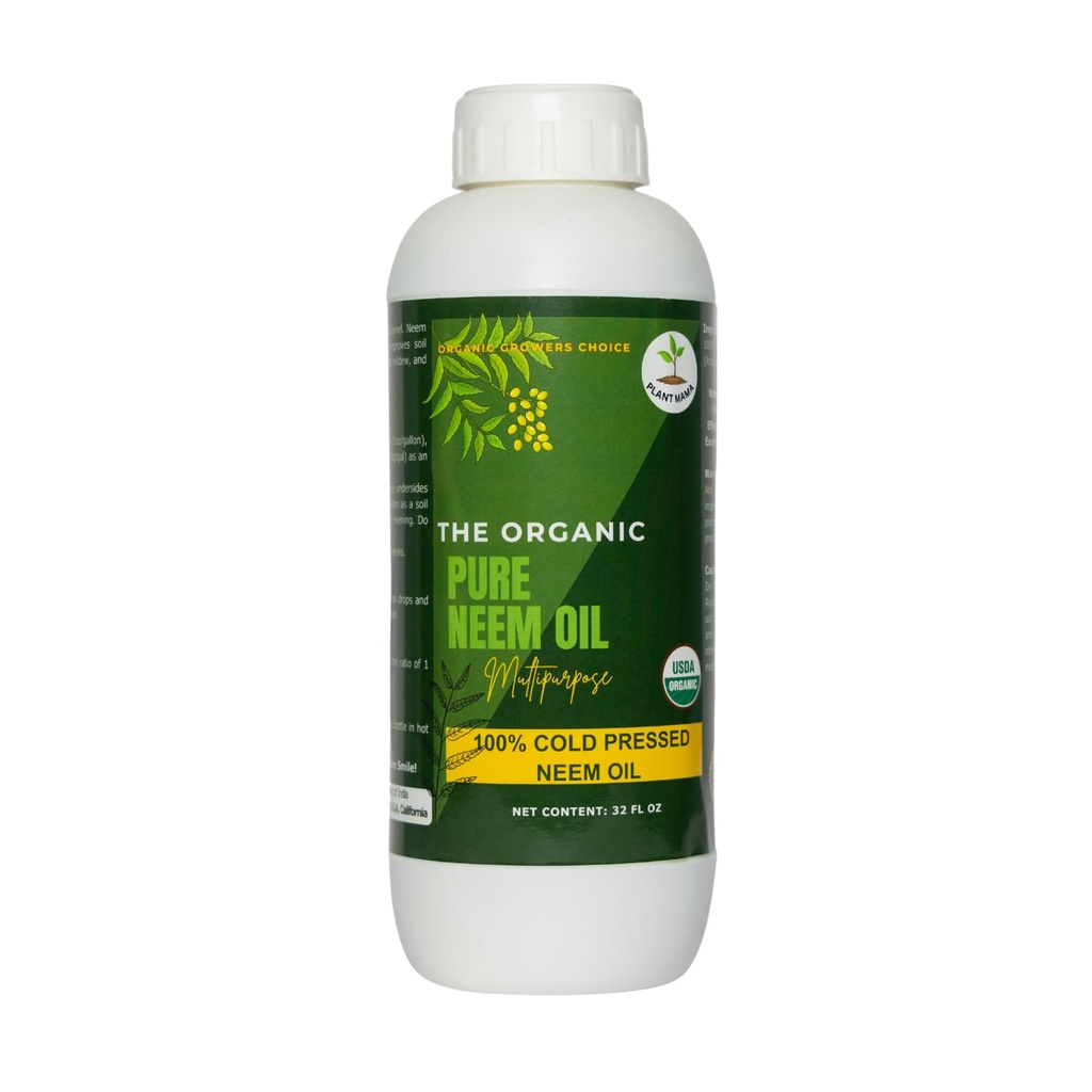 Organic 100% Cold Pressed Neem Oil (32 Fl Oz) - Pure Neem Oil for Hair, Skin, Nails, Pets, Indoor & Outdoor Plants & Garden - Unrefined, All Natural Concentrated, Multipurpose.