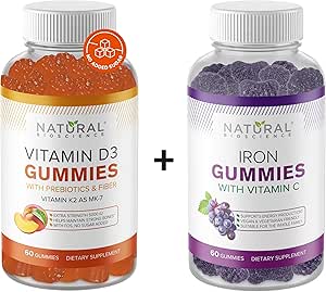 Natural BioScience Sugar Free Vitamin D3 K2 Gummies 5000 IU & Iron Gummies with Vitamin C, Extra Strength, Immune Support, Bone Health, Heart Health, Energy Support, 60 Gummy Vitamins