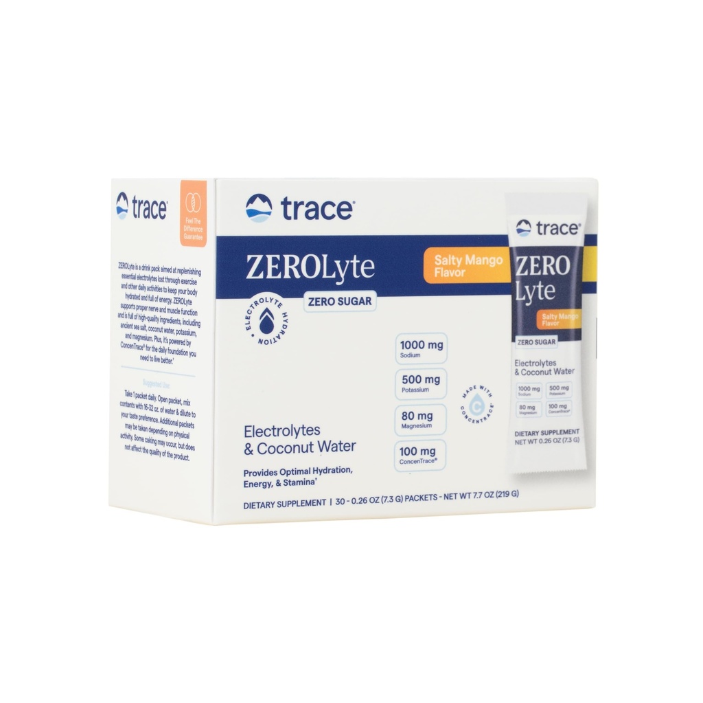 Trace Minerals ZeroLyte Salty Mango Flavor - Sugar Free Electrolyte Drink Mix - Supports Hydration, Energy, Stamina - Ancient Sea Salt, Full Spectrum Minerals, Coconut Water - 30 Packets