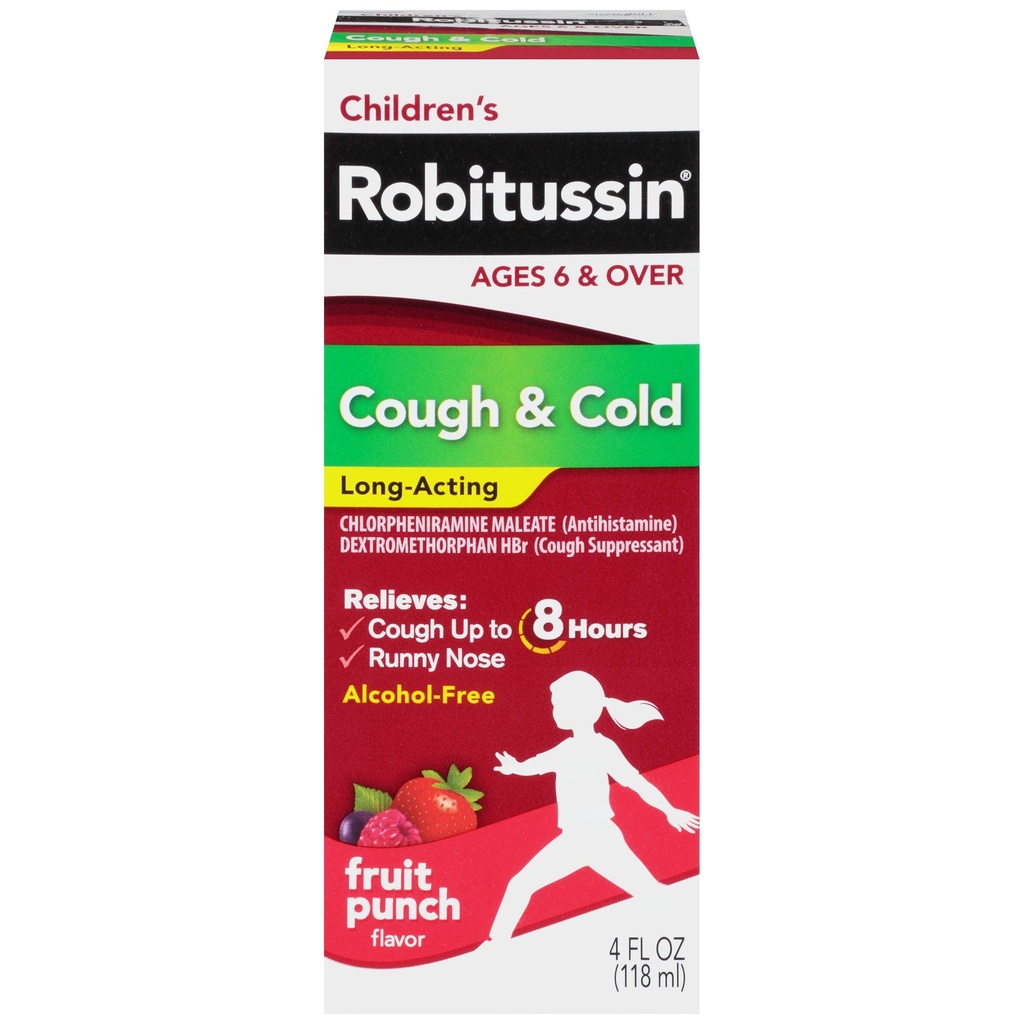 Robitussin Long-Acting Cough and Cold Medicine for Kids, Fruit Punch Flavor - 4 Fl Oz Bottle