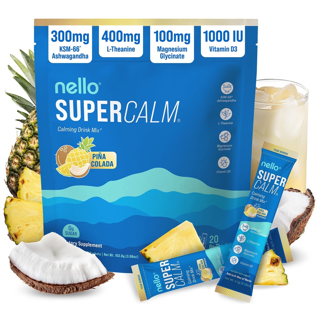 Nello Supercalm Powdered Drink Mix, Cortisol Reducer* and Sleep Aid Supplement, L Theanine, Ksm-66 Ashwagandha, Magnesium Glycinate, Vitamin D 3, No Sugar, Non GMO, On The Go, 20 Ct, Pina Colada