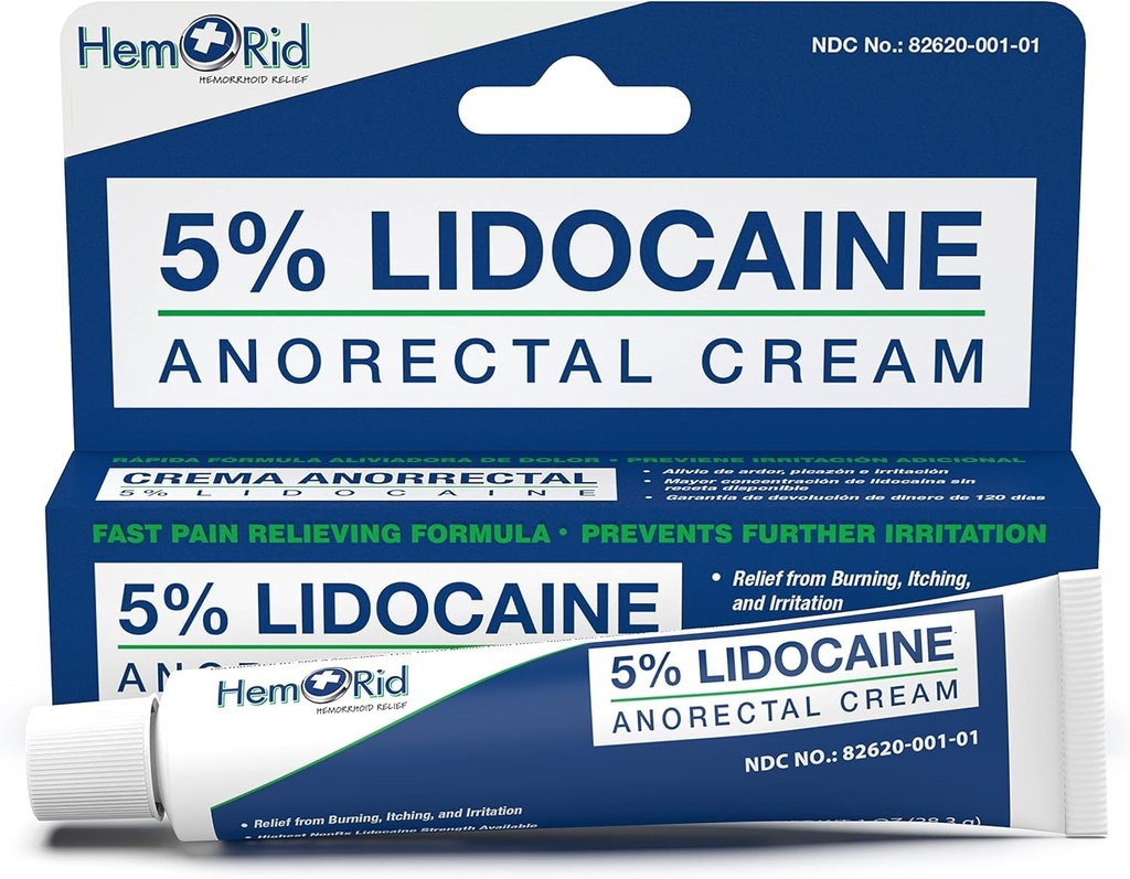 HemRid Maximum Strength Lidocaine Cream for Pain Management. Fast-Acting Hemorrhoid Solution with 5% Lidocaine. Instant Anal Itch and Numbing Effect
