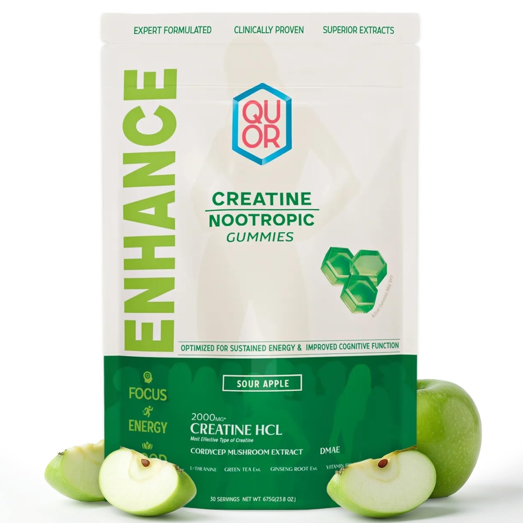 QUOR Enhance Creatine HCl Gummies | Vegan Nootropic Stack for Men & Women with Cordyceps, L-Theanine & Vitamin B12 | Supports Sustained Energy, Cognitive Function (150 Gummies, Sour Apple)