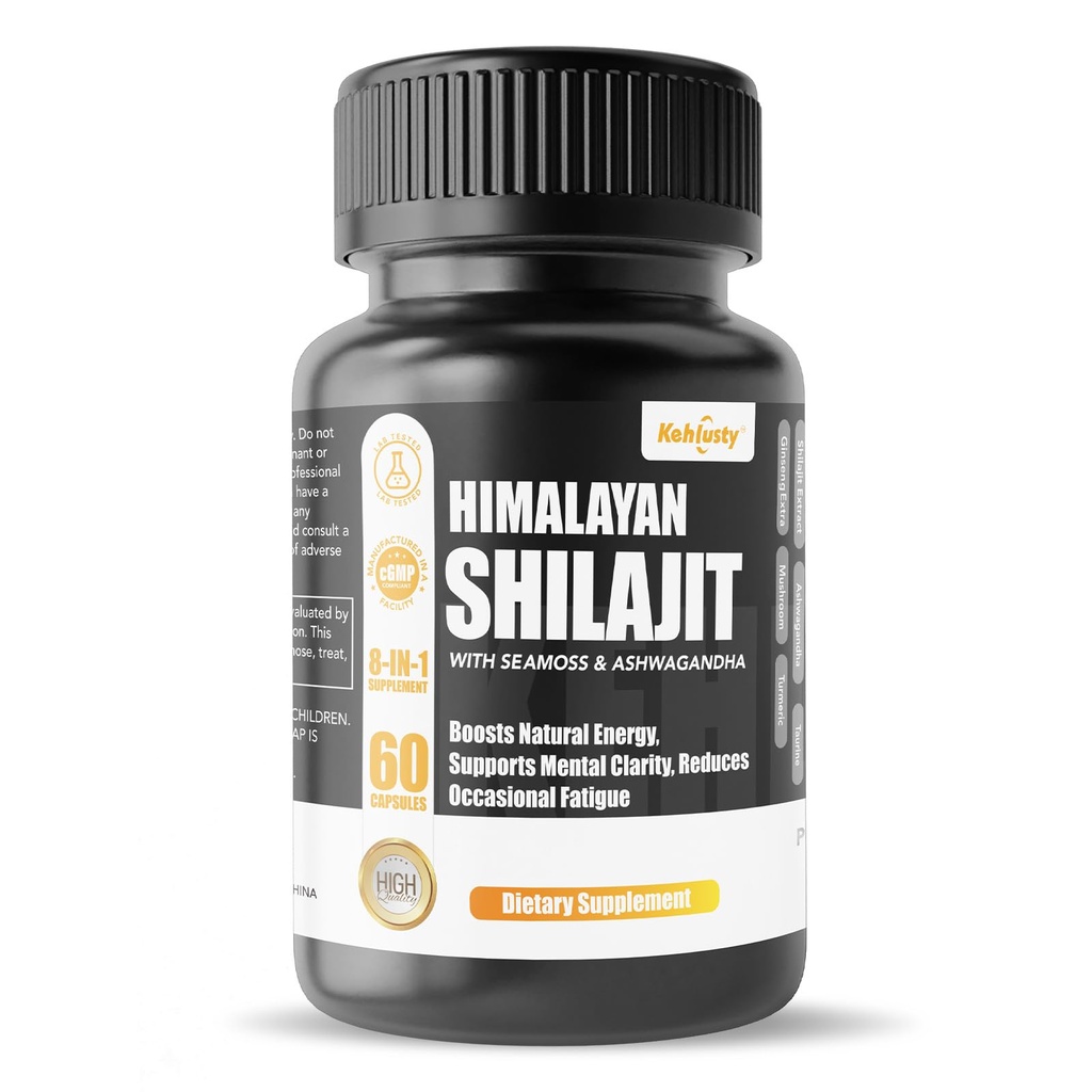 Himalayan Shilajit Supplement for Men & Women - 8-in-1 with Ashwagandha, Sea Moss, Taurine, Ginseng, Mushroom & Turmeric - Supports Energy & Vitality - 60 Capsules, 30-Day Supply