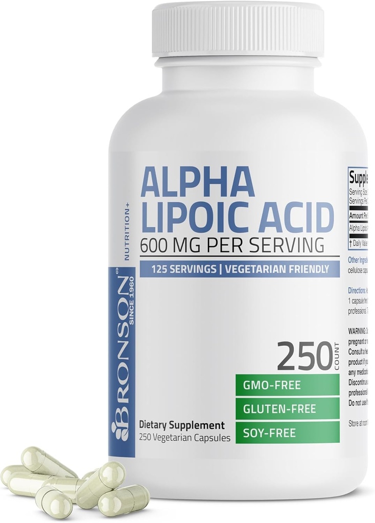 Bronson Alpha Lipoic Acid 600mg Free Radical Scavenger Supports Health - Non-GMO, 250 Vegetarian Capsules (125 Servings)