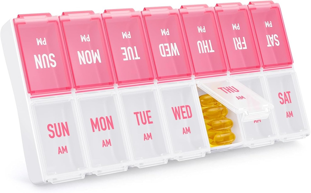 Weekly Pill Organizer 2 Times a Day, Stylish Pill Box 7 Day AM PM with Large Compartments, Pill Case Easy to Use, BPA-Free Pill Container for Vitamins, Fish Oils, Supplements, Medicines, Pink