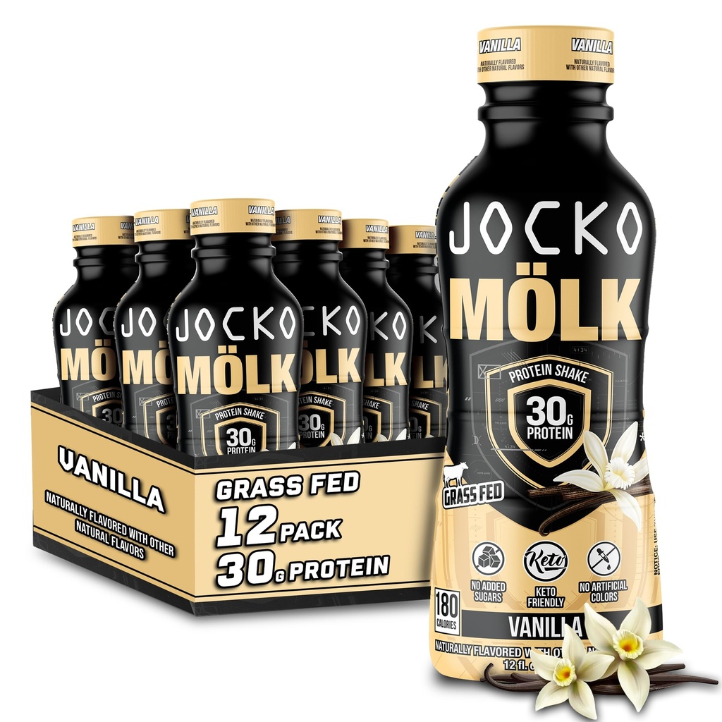 Jocko Mölk 30g Grass Fed Protein Shakes – No Added Sugar Protein Drinks KETO Friendly - Ready to Drink 12 FL Oz (Pack of 12) Vanilla