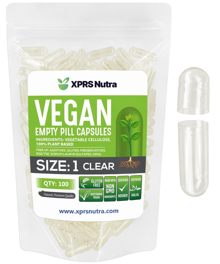 XPRS Nutra Size 1 Empty Capsules - 100 Count Clear Empty Vegan Capsules - Vegetarian Pills - DIY Vegetable Capsule Filling- Veggie Pill Caps for Do-It-Yourself Supplements