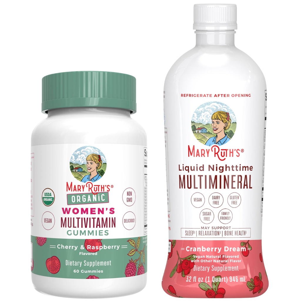 MaryRuth's Multivitamin Gummies for Women (Cherry & Raspberry) & Liquid Nighttime Multimineral (Cranberry) | Clean Label Project Verified® | Vegan, Non-GMO | Beauty, Bedtime, Overall Health
