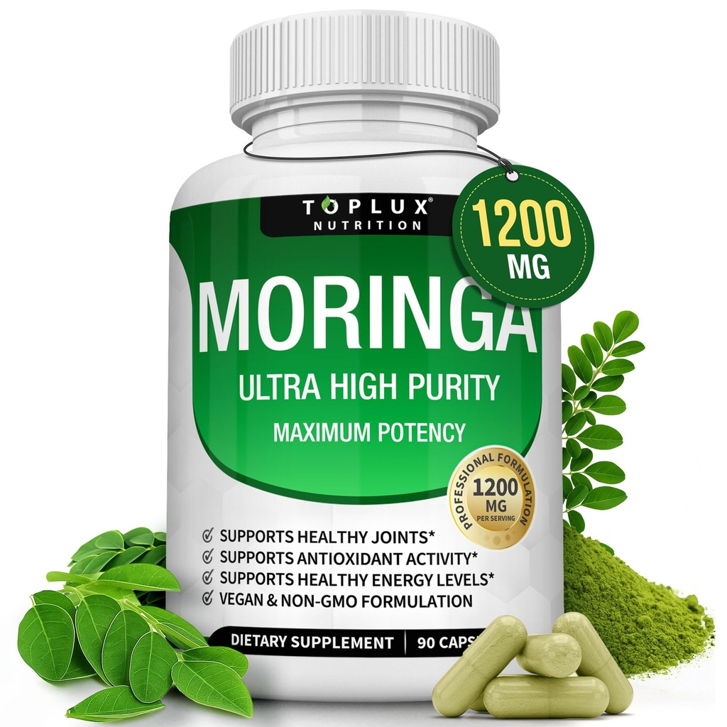 Toplux Moringa Capsules 1200mg – Pure Moringa Powder High Potency Leaf Extract Green Superfood Rich in Antioxidant, for Energy & Immune Support, Vegan Non-GMO 90 Capsules