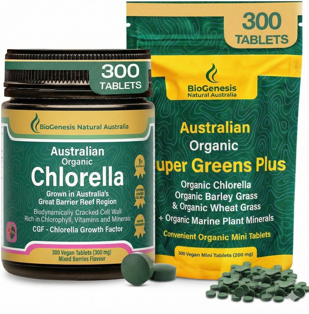 Biogenesis Organic Chlorella & SuperGreens Plus Kit – Chlorella Tablets (500mg) Mixed Berry & SuperGreens Plus (200mg) – Australian Grown, Rich in Chlorophyll & Vitamins for Immunity & Energy – 600 To