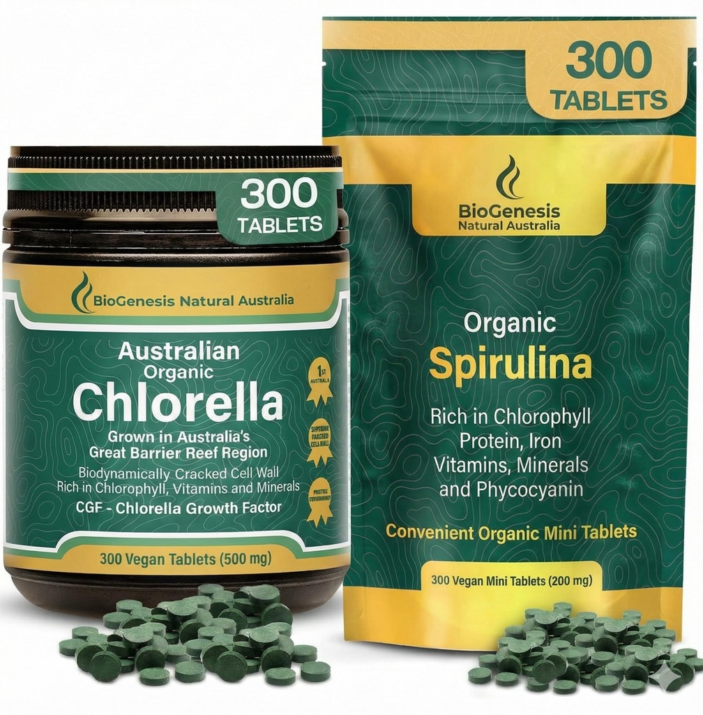 Biogenesis 100% Australian Organic Greens Kit– Spirulina Mini Tabs (200mg) & Chlorella Tablets (500mg) – BioDynamic Cracked Cell Wall Algae – Rich in Chlorophyll & Phycocyanin for Energy, Immunity & D