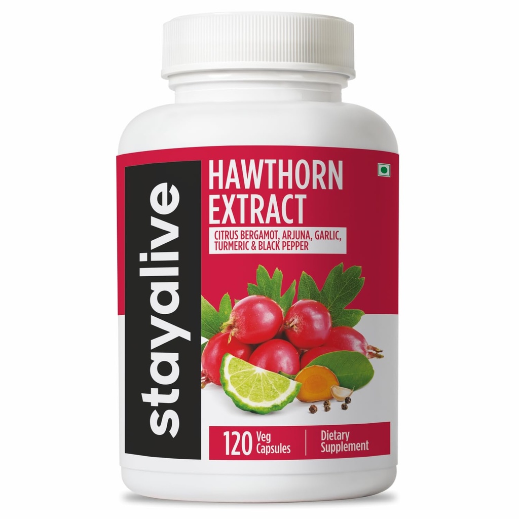 STAY ALIVE Hawthorne Berry Supplement, 20:1 Extract, 6-in-1 Hawthorn w/Citrus Bergamot, Turmeric Root Powder, Garlic, Arjuna & Black Pepper, 120 Pills, Non-GMO & Gluten-Free Hawthorn Berry Capsules