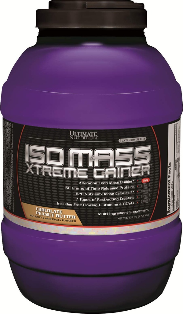 Ultimate Nutrition ISO Mass Xtreme Gainer, Isolate Protein Powder with Creatine - Weight Gain Serious Lean Muscle Mass with 60 Grams of Protein, Chocolate Peanut Butter, 30 Servings