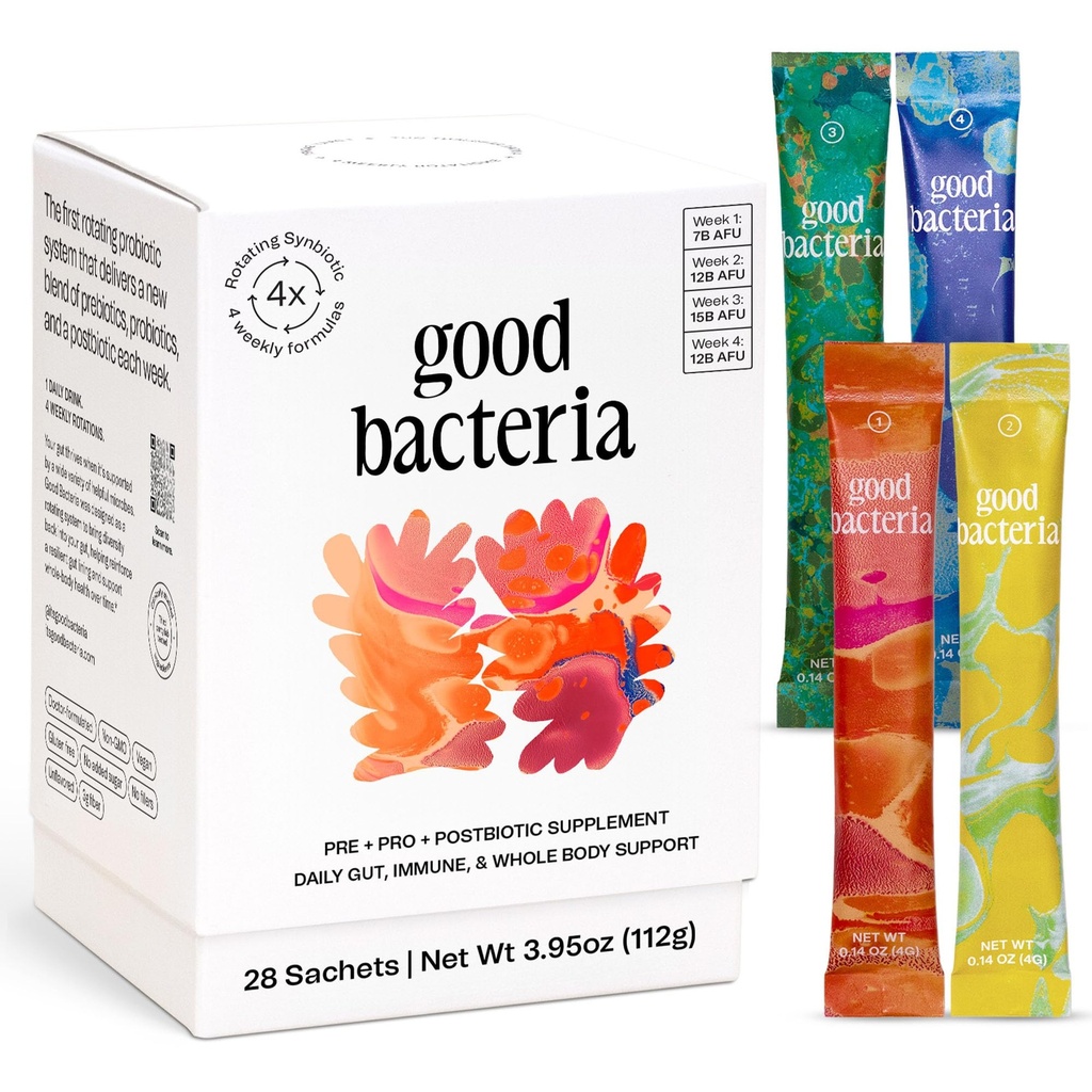 Good Bacteria Rotating Synbiotic - 1 Month Supply - Weekly Rotating Prebiotics, Probiotics & Postbiotics System, Vegan, No Fillers, No Refrigeration - Daily Synbiotic Powder Gut Health Supplements