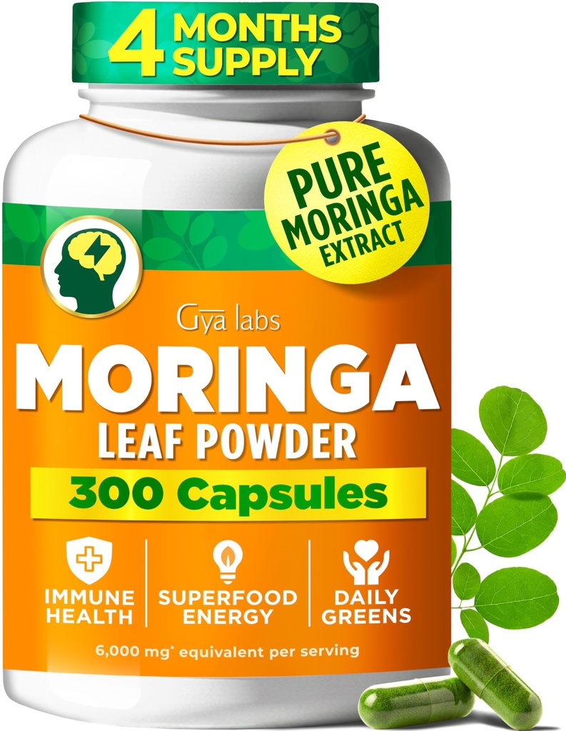 Gya Labs Moringa Capsules - 300 Capsules - Pure Moringa Powder for Energy, Skin, Immune & Gut Health - Green Superfood from Moringa Leaf Powder - Non-GMO, Additive-Free