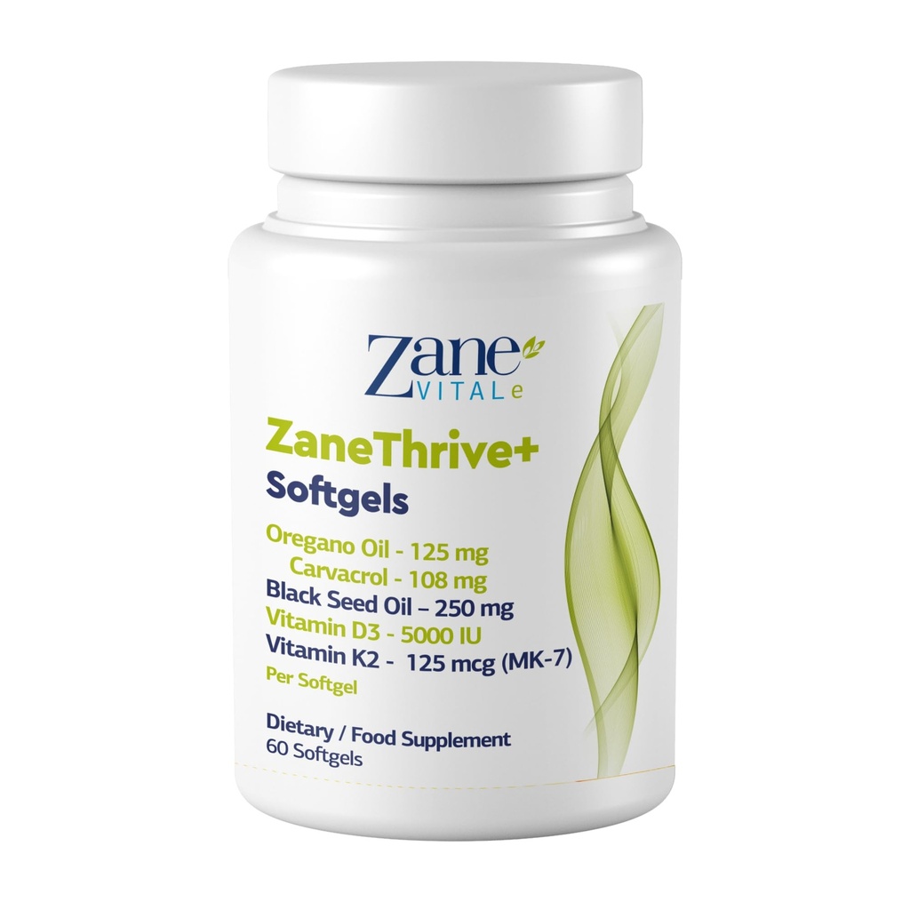 ZaneThrive+ Vitamin D3 & K2, Oregano Oil, Black Seed Oil Supplement - High Potency - Immune & Bone Wellness - with Carvacrol & Thymoquinone - Non-GMO, Gluten-Free - 60 Softgels by Zane Vital.