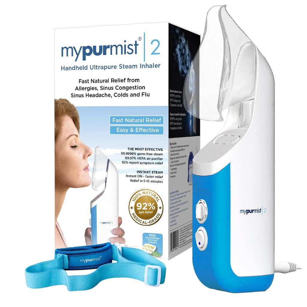 Mypurmist® Essential Kit Plus Handsfree Strap - Steam Inhaler, Personal Handheld Instant Steam - Sinus Congestion Cold Cough Relief Vocal Care Skincare (Plug-in)