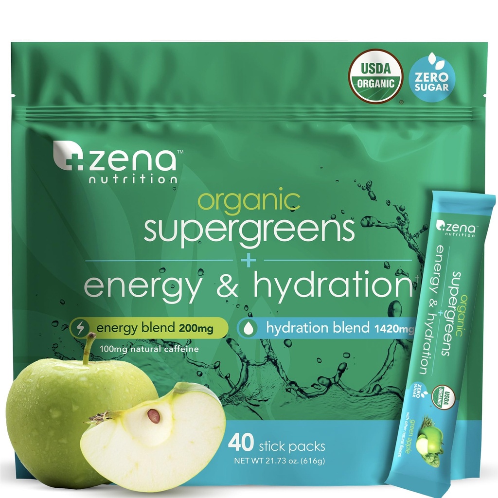 Zena Nutrition Organic Super Greens Energy & Hydration Powder, 70+ Superfoods, 0 Sugar, 5G Fiber, Spirulina, Chlorella, Prebiotics/Probiotics, Natural Caffeine + Electrolytes, 40 Drink Mix Packets