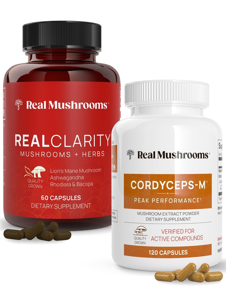 Real Mushrooms RealClarity (60ct) and Cordyceps (120ct) Capsules Bundle - Mushroom Supplement for Mental Clarity, Focus, Energy & Vitality - Vegan, Non-GMO, Verified Levels of Beta-Glucans