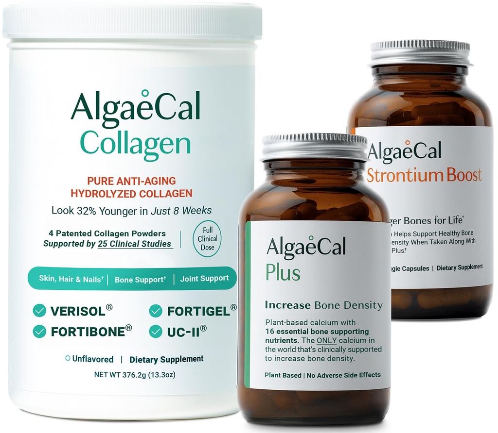 ALGAECAL Bone Builder & Collagen Bundle – Clinically-Supported Collagen with Verisol, Fortibone, Fortigel + Plant-Based Calcium, Strontium, D3, K2, Magnesium & 16 Nutrients for Beauty & Bone Health