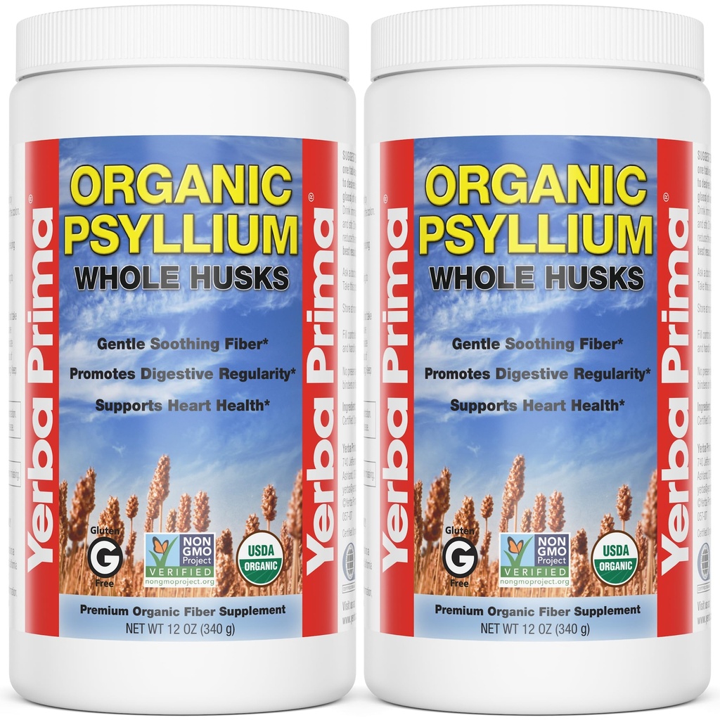 Yerba Prima Organic Psyllium Whole Husks, 12 Ounce (Pack of 2) - Natural Fiber Supplement, Gut Health, Regularity Support, Non GMO, Gluten Free, Keto and Vegan Friendly