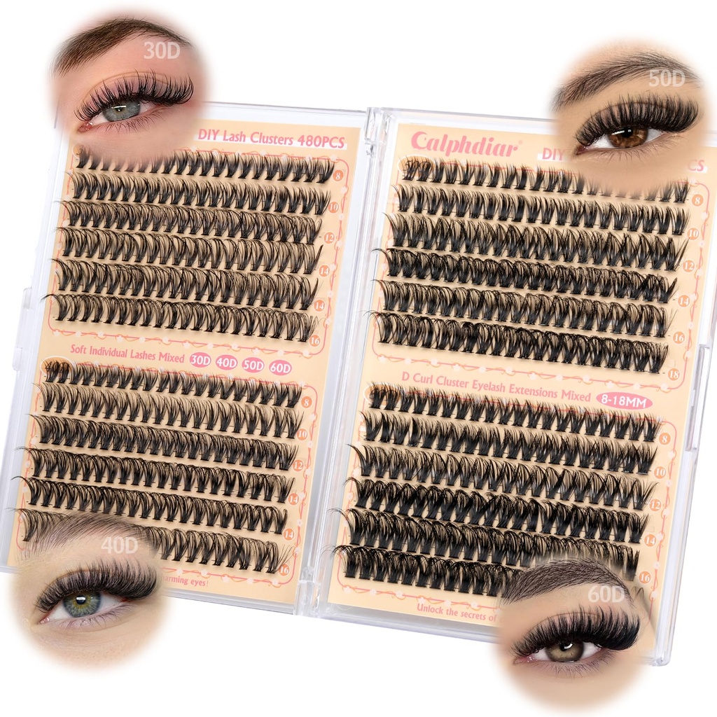 calphdiar Wispy Lash Clusters 30D+40D+50D+60D Individual Lashes 480PCS Eyelash Clusters Natural Volume Lashes Clusters D-curly Cluster Eyelash Extensions 8-18MM DIY Lash Extension at Home