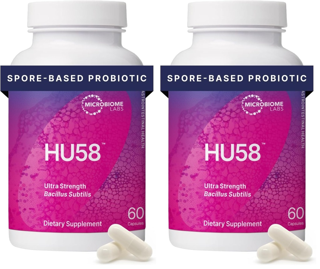 Microbiome Labs HU58 Bacillus Subtilis Probiotics for Women and Men - High Potency Spore Probiotic for Digestive Health & Immune Support - Daily Capsules with 10 Billion CFU (60 Capsules) (Pack of 2)
