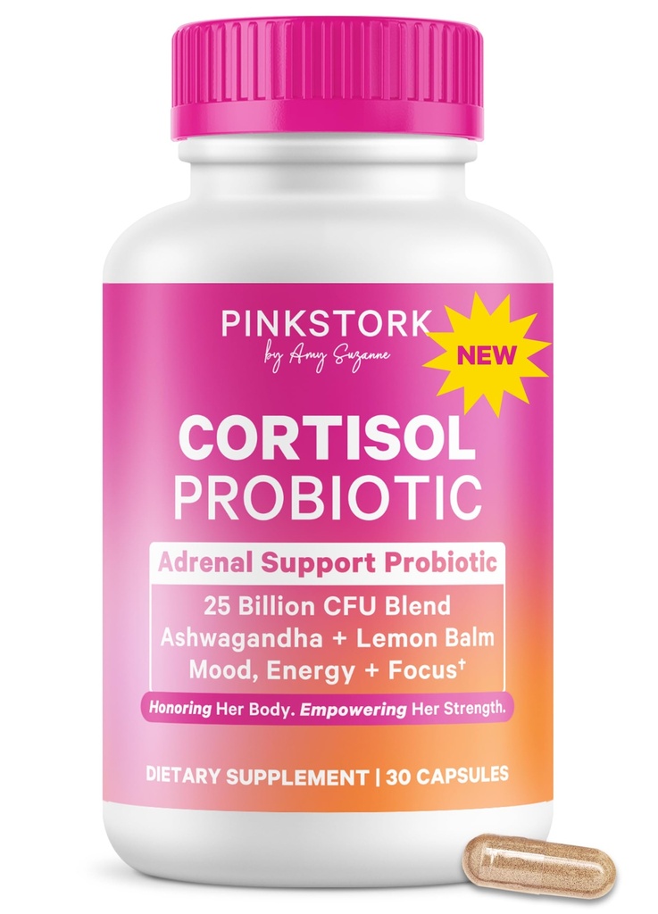 Pink Stork Cortisol Probiotic for Women – Mood and Adrenal Support Supplement – Ashwagandha, Lemon Balm, Chamomile, 25 Billion CFU – Gut Health, Energy, Focus – Lower Cortisol – 30 Capsules