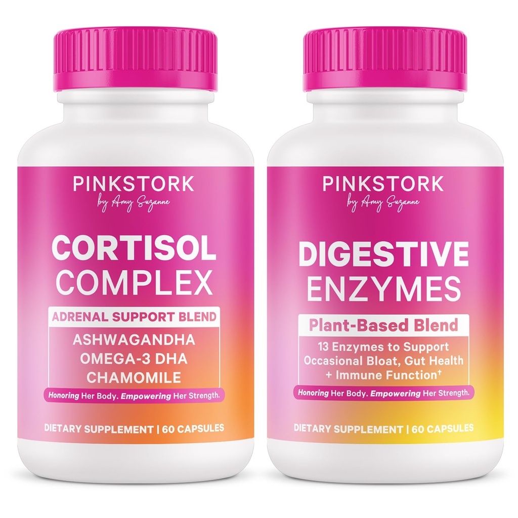 Pink Stork Digestive Health & Stress Support | Cortisol Complex with Adaptogens & Digestive Enzymes | Gut, Energy, Hormone & Mood Balance Support for Women