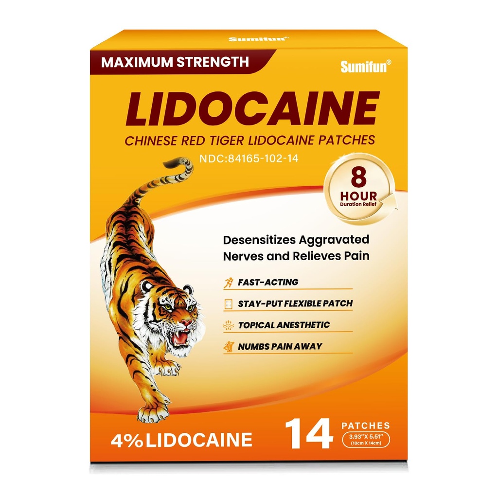 Sumifun Lidocaine Pain Relief Patches - 14 Counts Chinese Red Tiger Ultra Strength Pain Patches for Muscule Sore Simple Backaches Joint Pain Topical Analgesic Odor Free