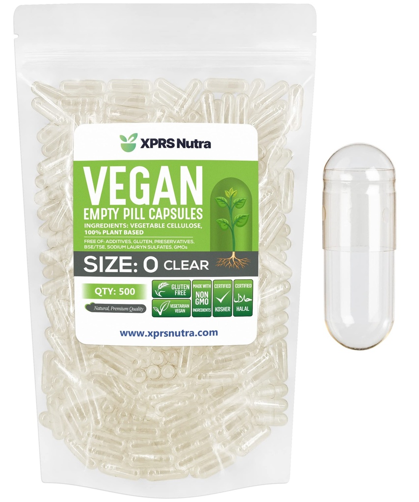 XPRS Nutra Size 0 Empty Capsules - 500 Count Clear Empty Vegan Capsules - Vegetarian Pills - DIY Vegetable Capsule Filling - Veggie Pill Caps for Do-It-Yourself Supplements
