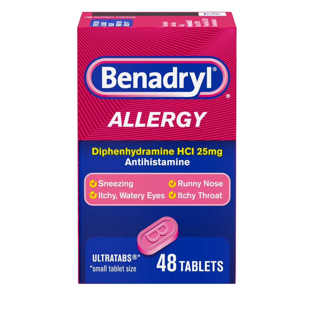 Benadryl Ultratabs Allergy Relief Medicine, 25 mg Diphenhydramine HCl Antihistamine Tablets for Relief of Cold & Allergy Symptoms Like Sneezing, Runny Nose, & Itchy Eyes & Throat, 48 ct